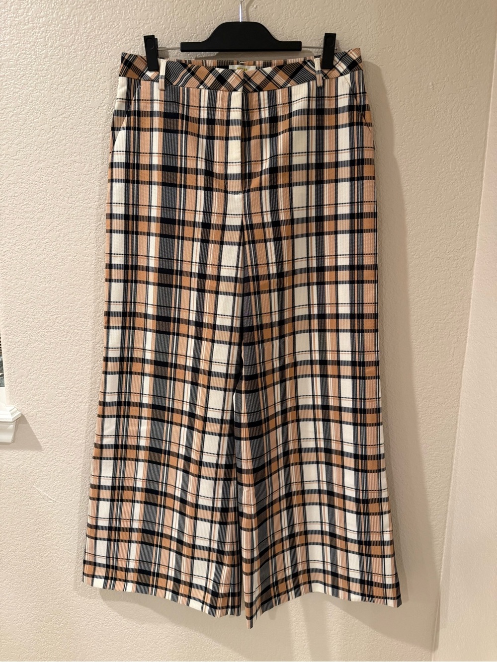 Maeve Anthropologie Wide-Leg Plaid Trousers in Beige, Black and Cream